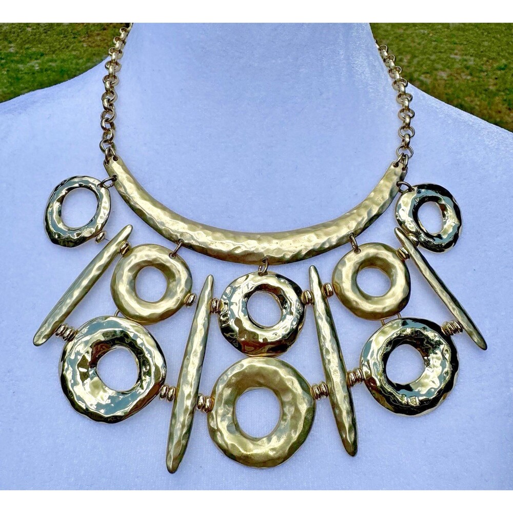 Chico’s Gold Tone Hammered Bib Necklace Modernist Geometric Statement Collar